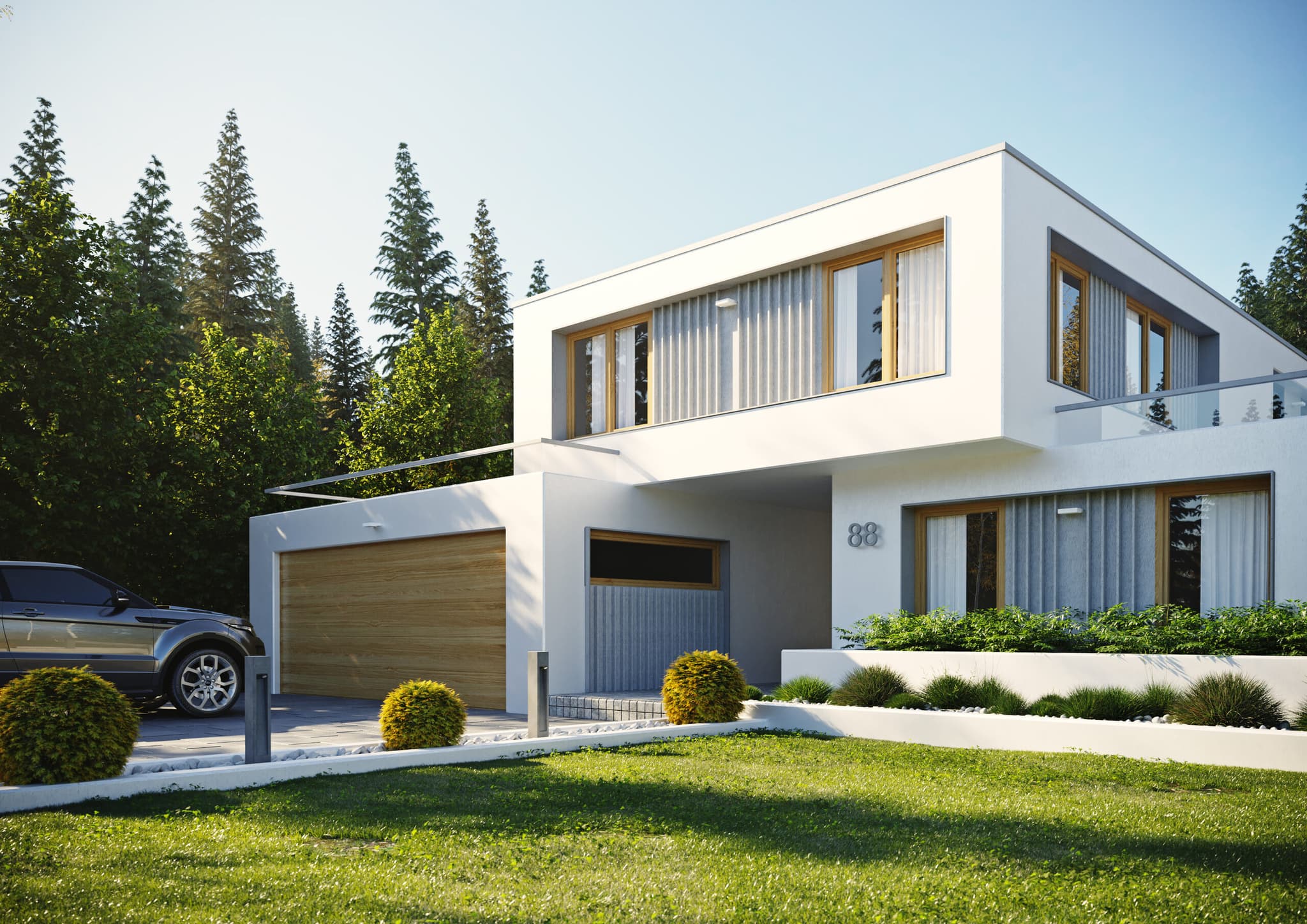 Brama Dekedo Woodtec w nowoczesnym białym domu z oknem Prismatic