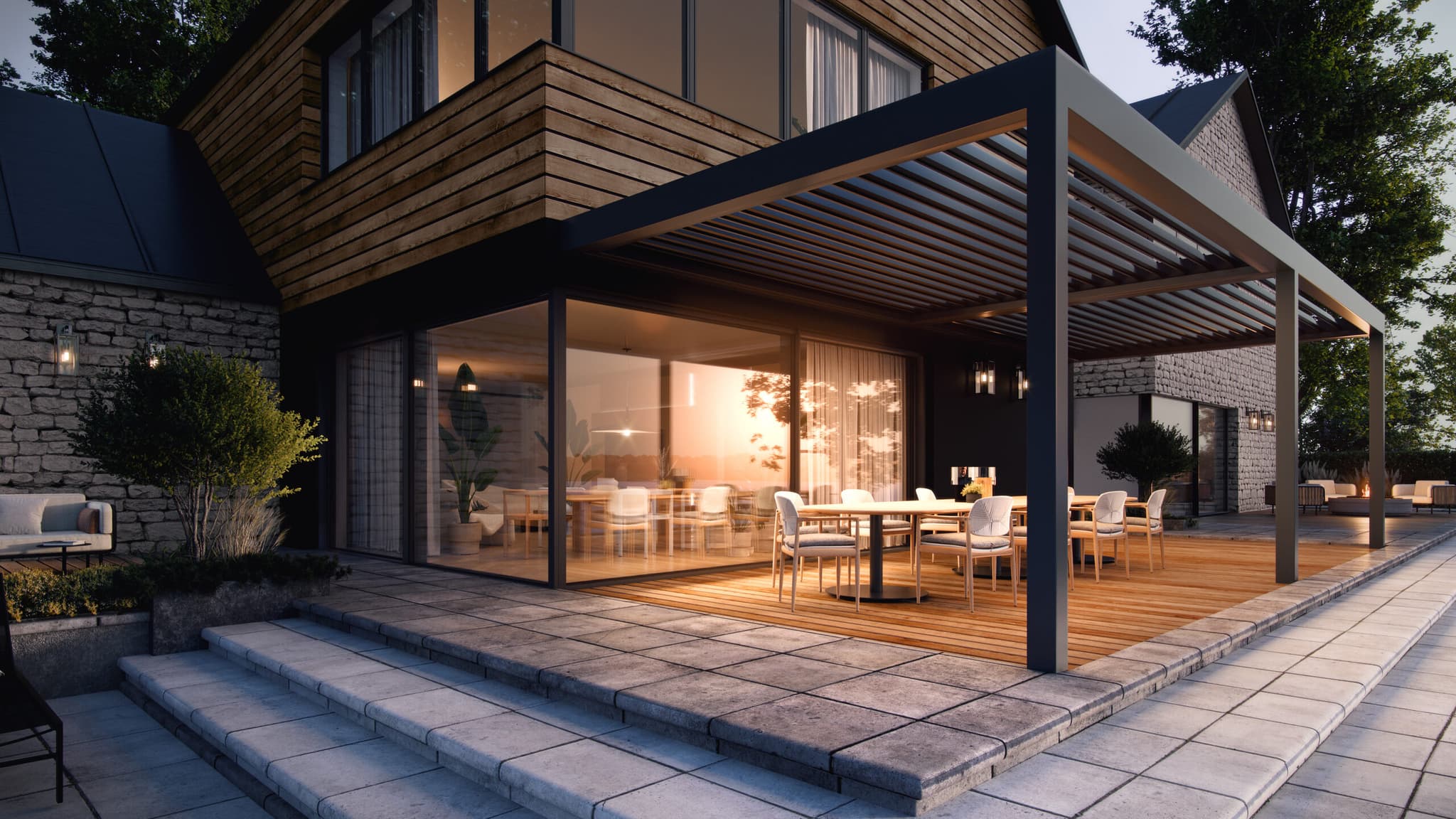 Pergola SKYVI przyścienna — wieczór